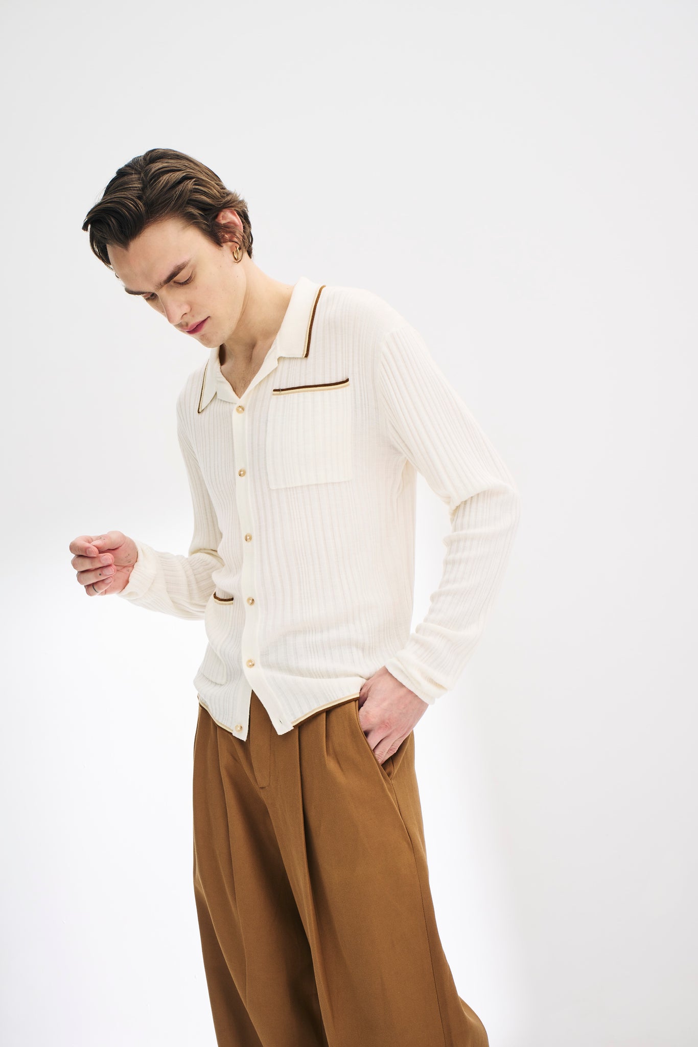 Irregular-Rib Merino Wool Knit Shirt