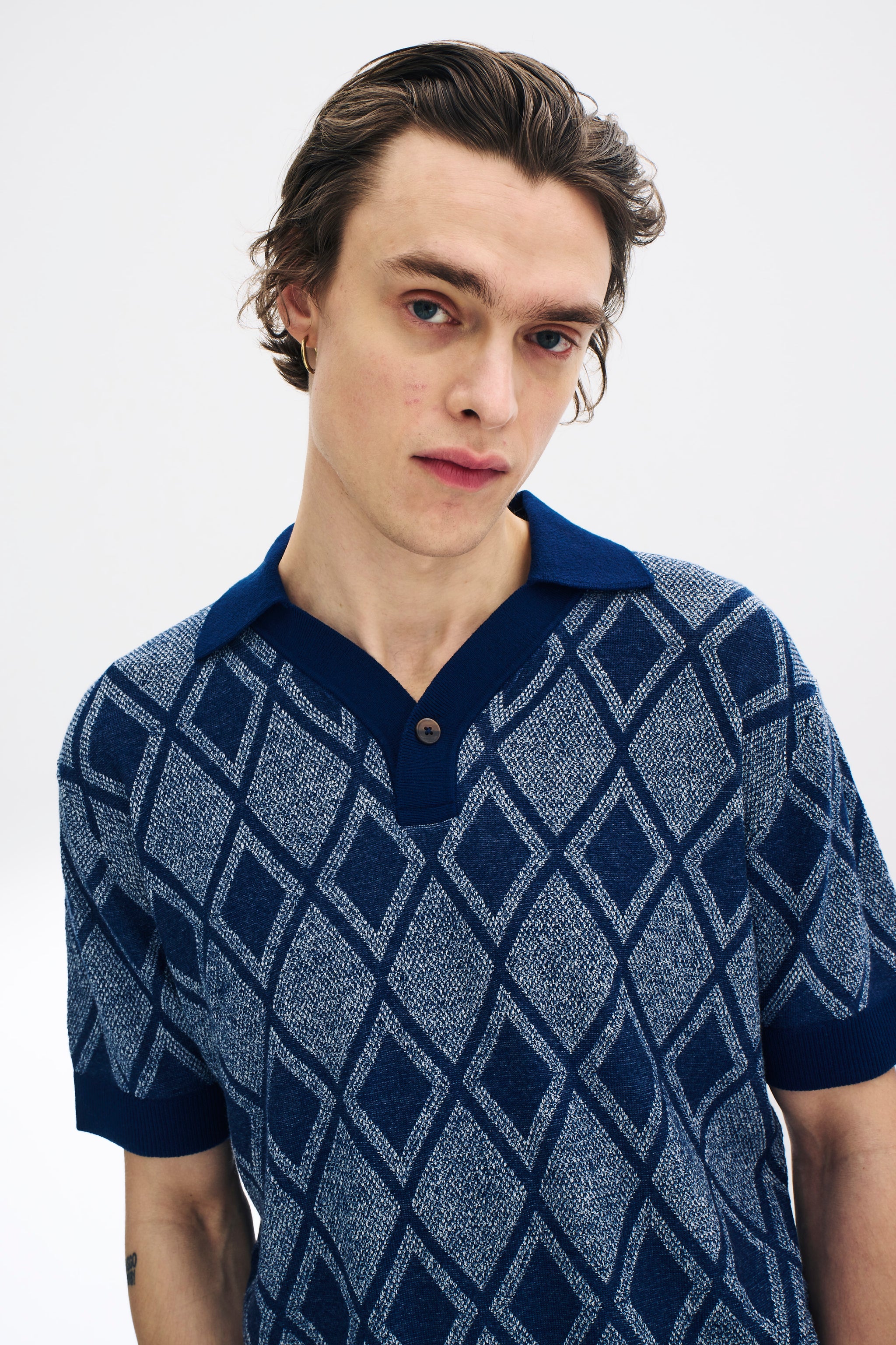 Argyle Wool Polo Shirt in Blue - King Tuckfield