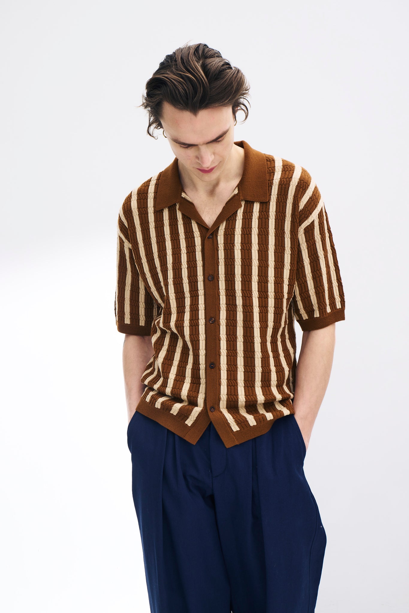 Textured-Stripe Camp Collar Shirt